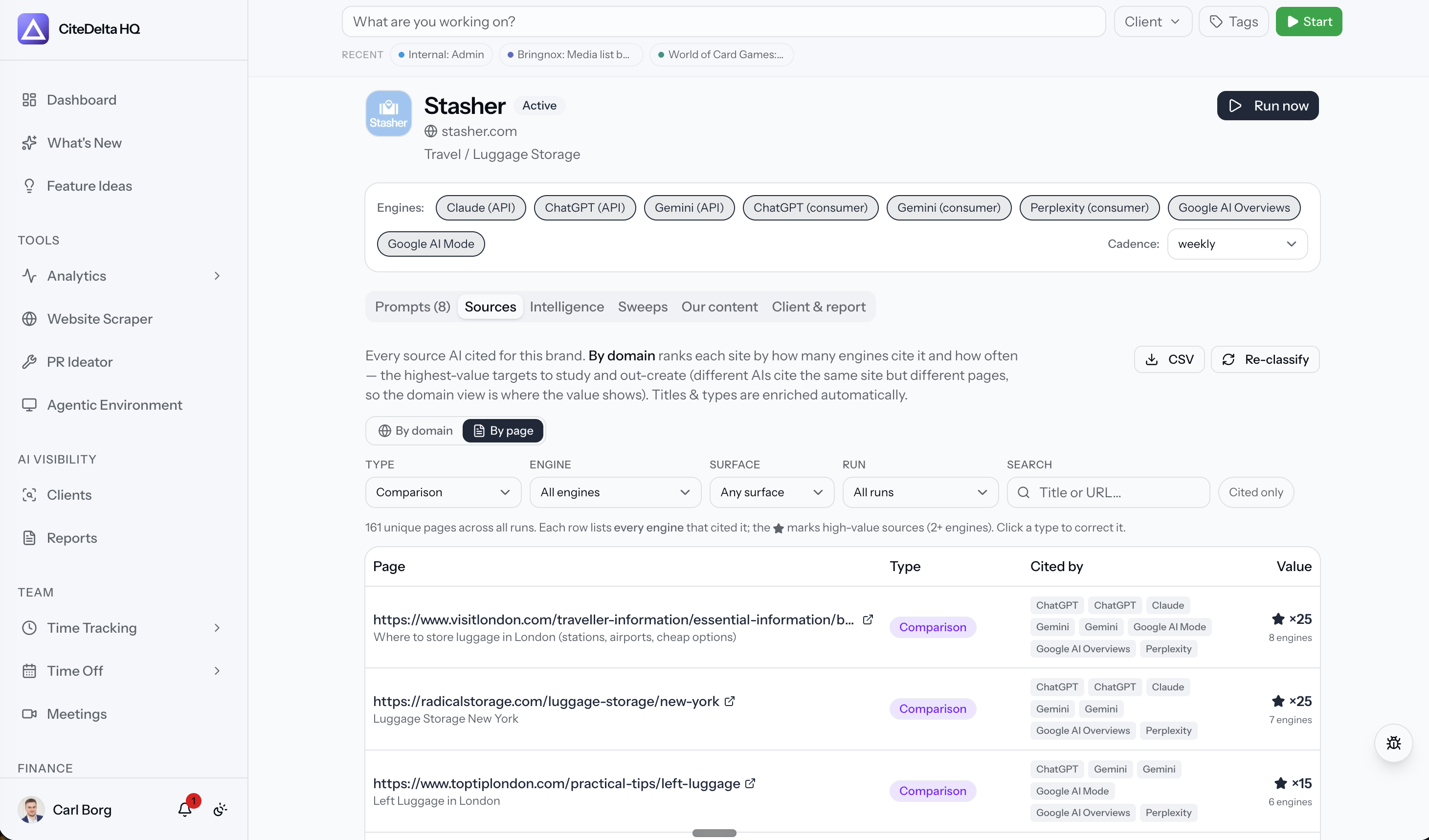 Internal CiteDelta AI visibility dashboard screenshot